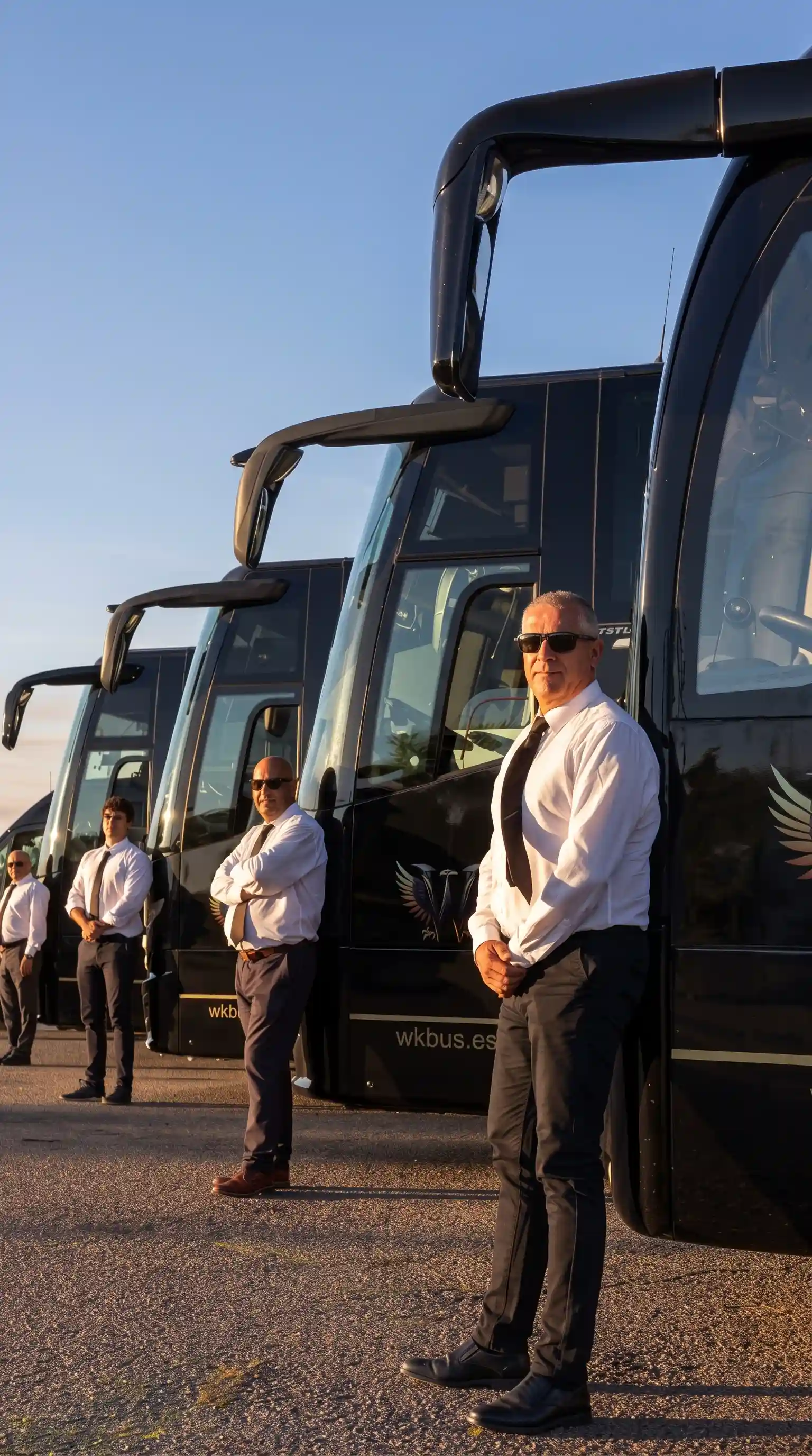Conductor de Winking Bus de camisa blanca y corbata, de pie junto a una fila de autocares negros al atardecer, con otros conductores al fondo